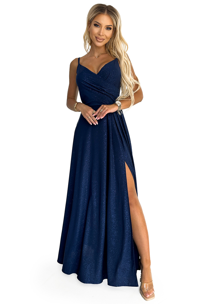 Numoco Elegantní maxi šaty na ramínka CHIARA - tmavě modré se třpytkami Velikost: S, Modrá