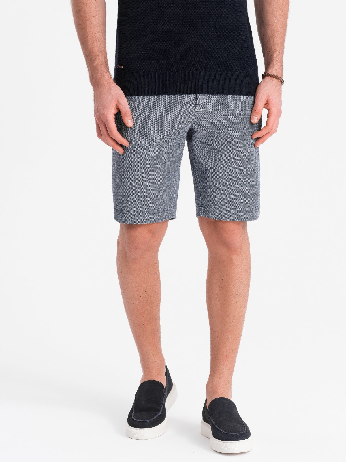 Ombre Men's shorts made of two-tone melange knit fabric - navy blue