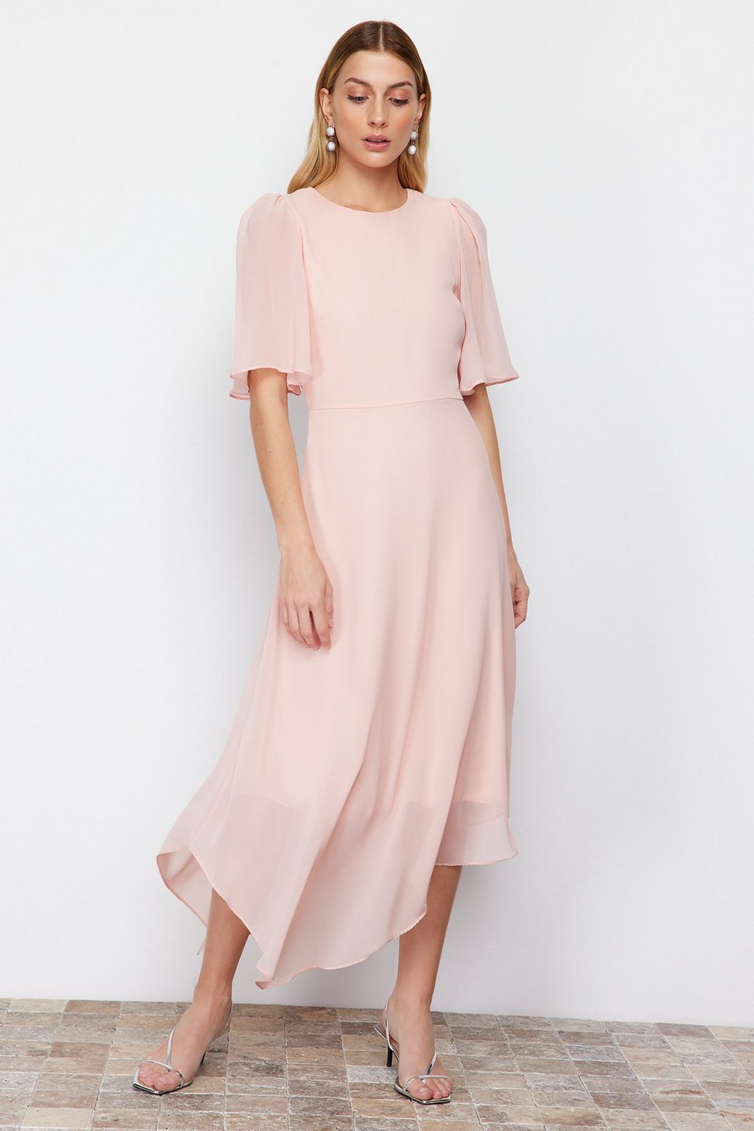 Trendyol Powder Asymmetrical Skirt Chiffon Lined Midi Woven Dress