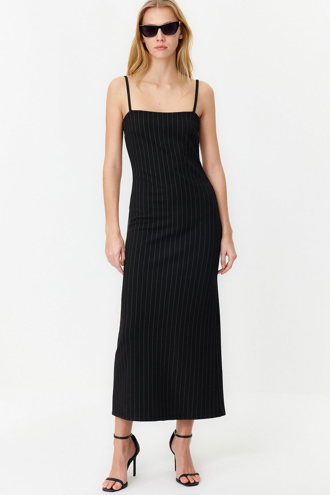 Trendyol Black Striped Strap Bodycone/Crap Knitted Midi Dress