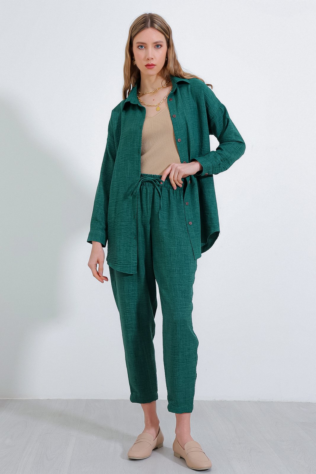 Bigdart Women's Emerald Green Oversize Linen Bottom Top Set 6622