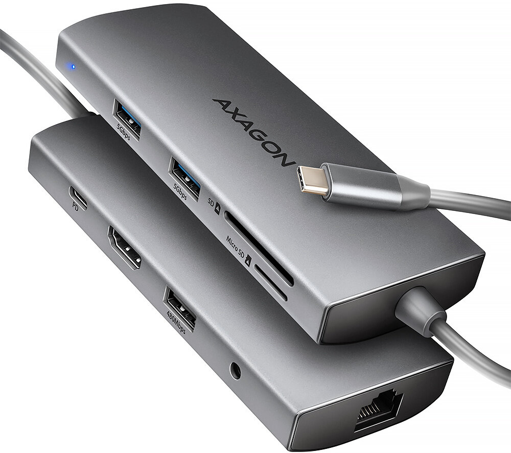 AXAGON multifunkční HUB 9v1 USB 5Gbps hub, 3x USB-A, USB-C, HDMI 4K/60Hz, RJ45, microSD/SD, PD 100W, - HMC-8HLSA