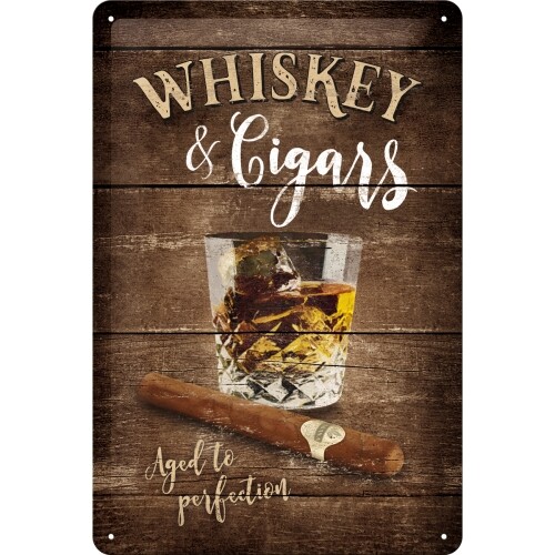 Postershop Plechová cedule Whiskey & Cigars - Aged to Perfection, (20 x 30 cm)