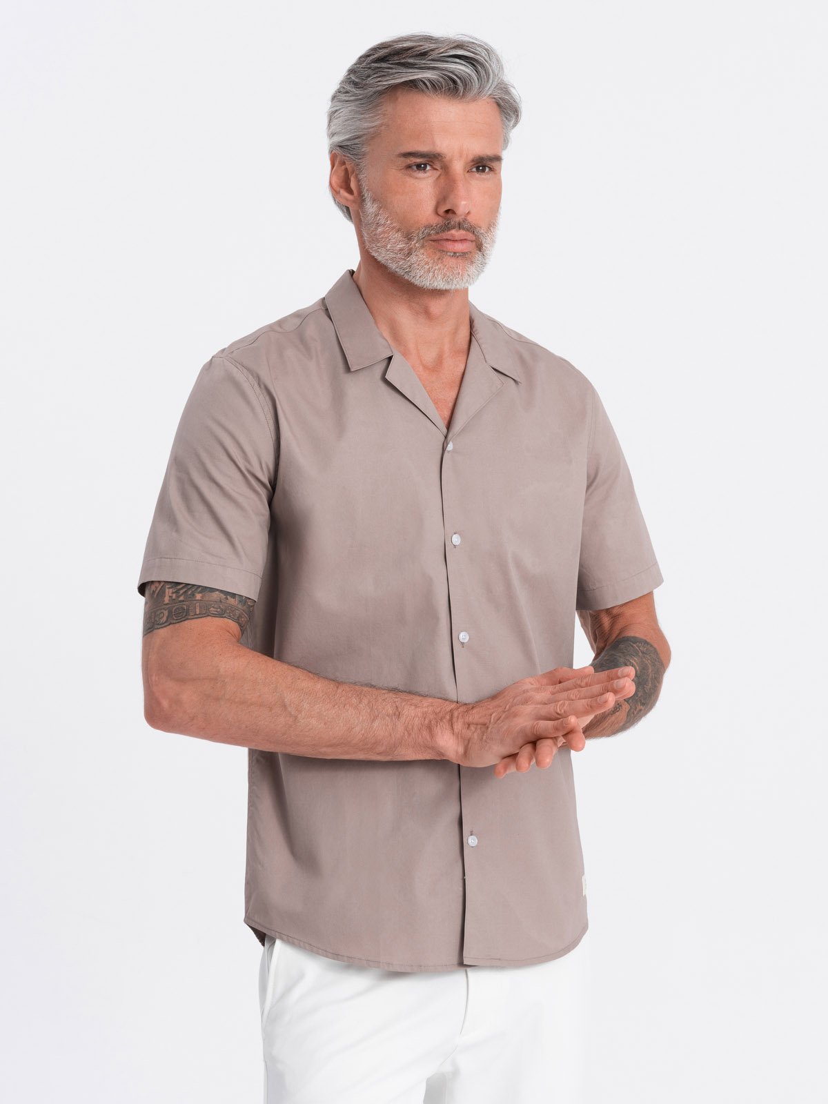 Ombre Men's short sleeve shirt with Cuban collar - dark beige