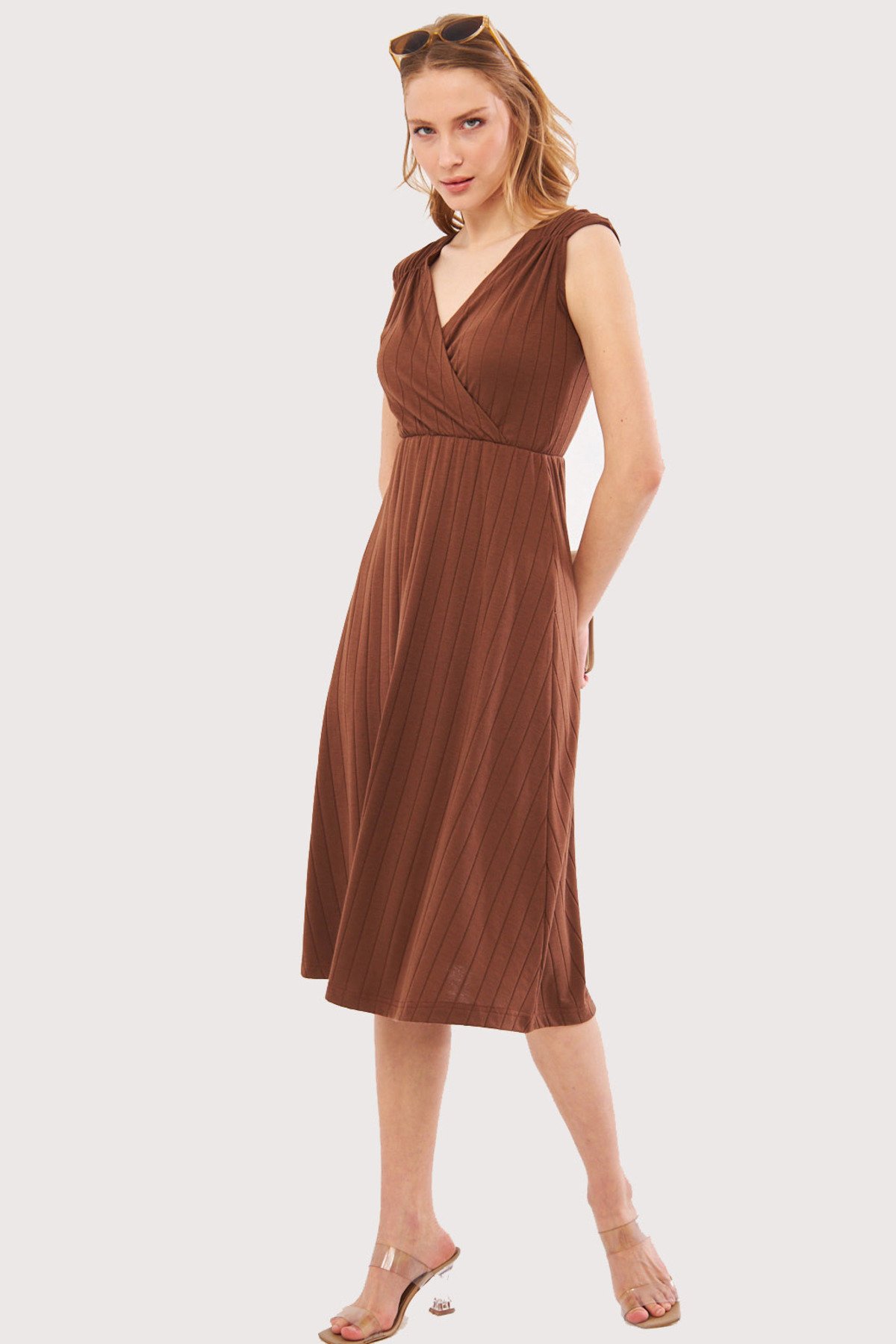 armonika Women's Coffee Waist And Shoulder Elastic Skirt Lined Double Breasted Neck Midi Length Dress