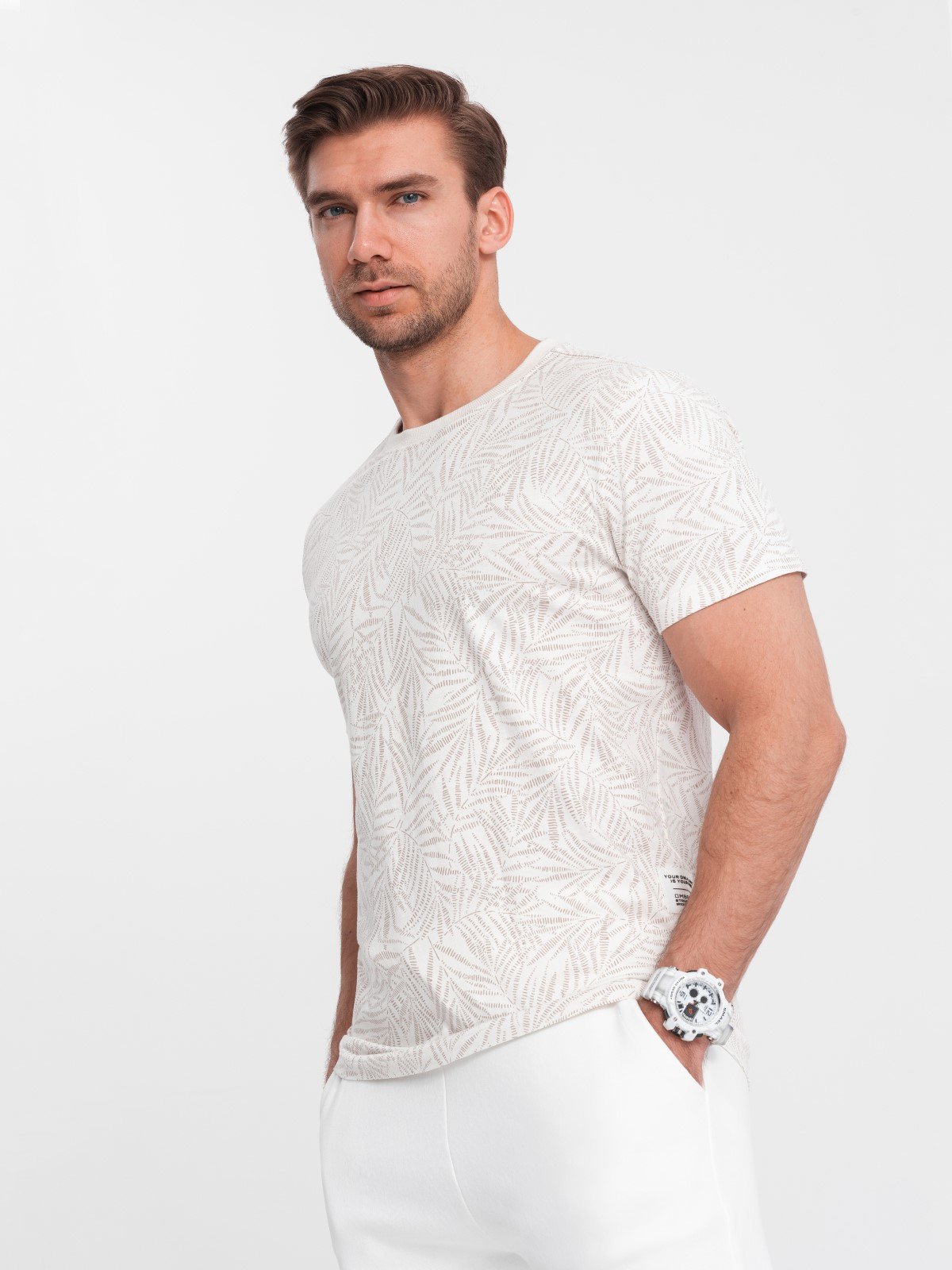 Ombre Men's fulllprint t-shirt in palm leaves - light beige