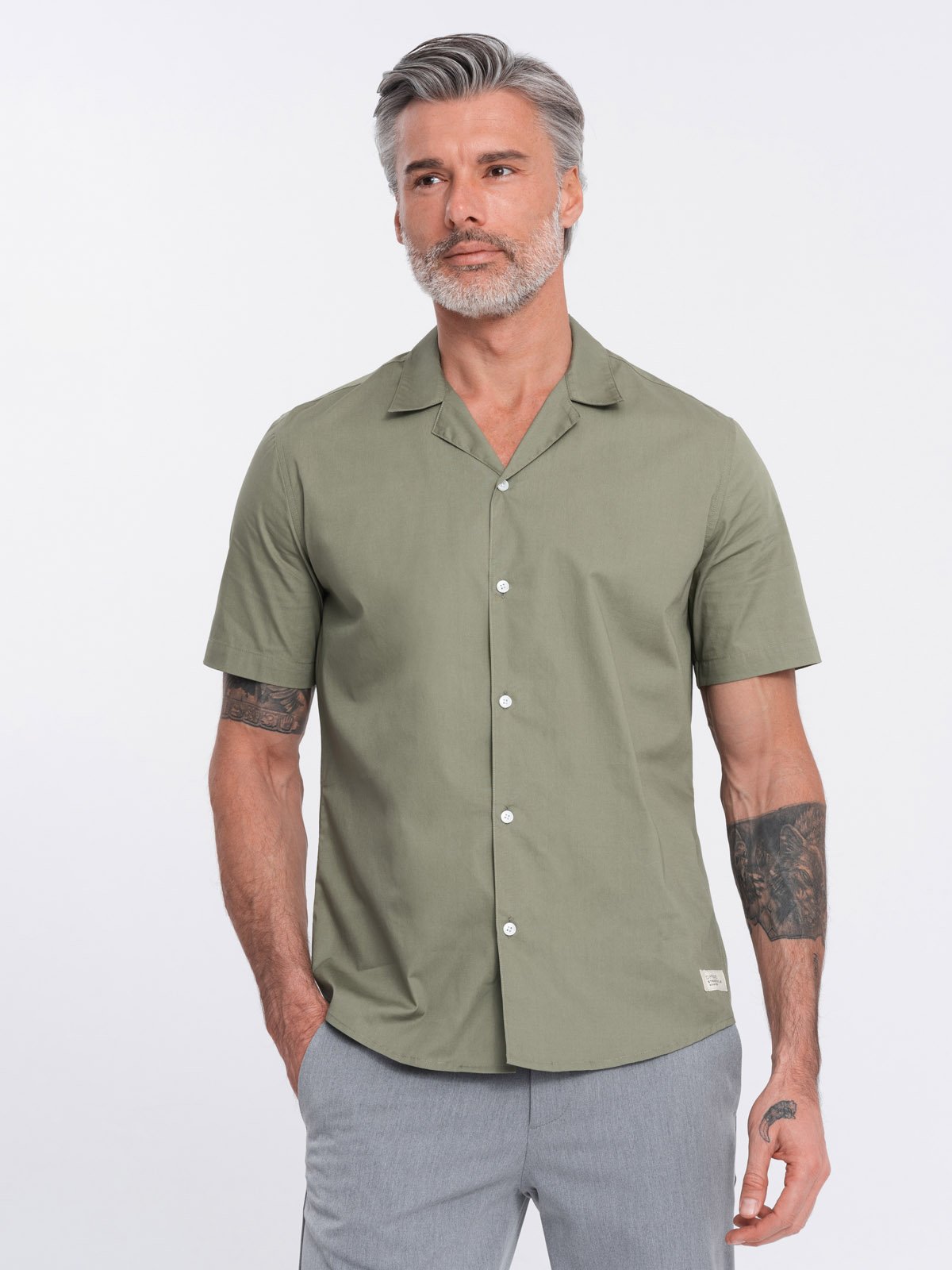 Ombre Men's short sleeve shirt with Cuban collar - khaki