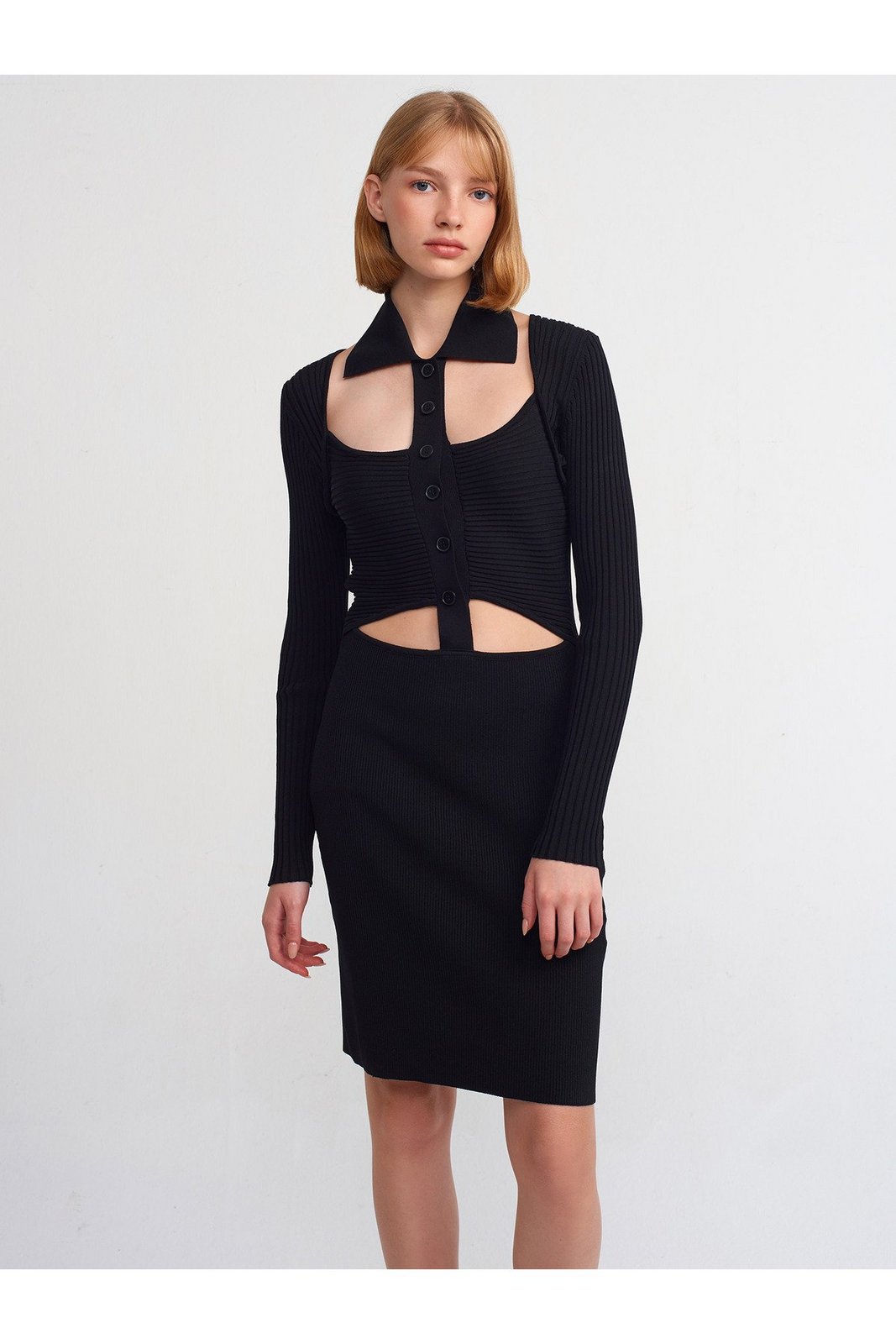 Dilvin 90143 Polo Neck Buttoned Knitwear Dress-Black