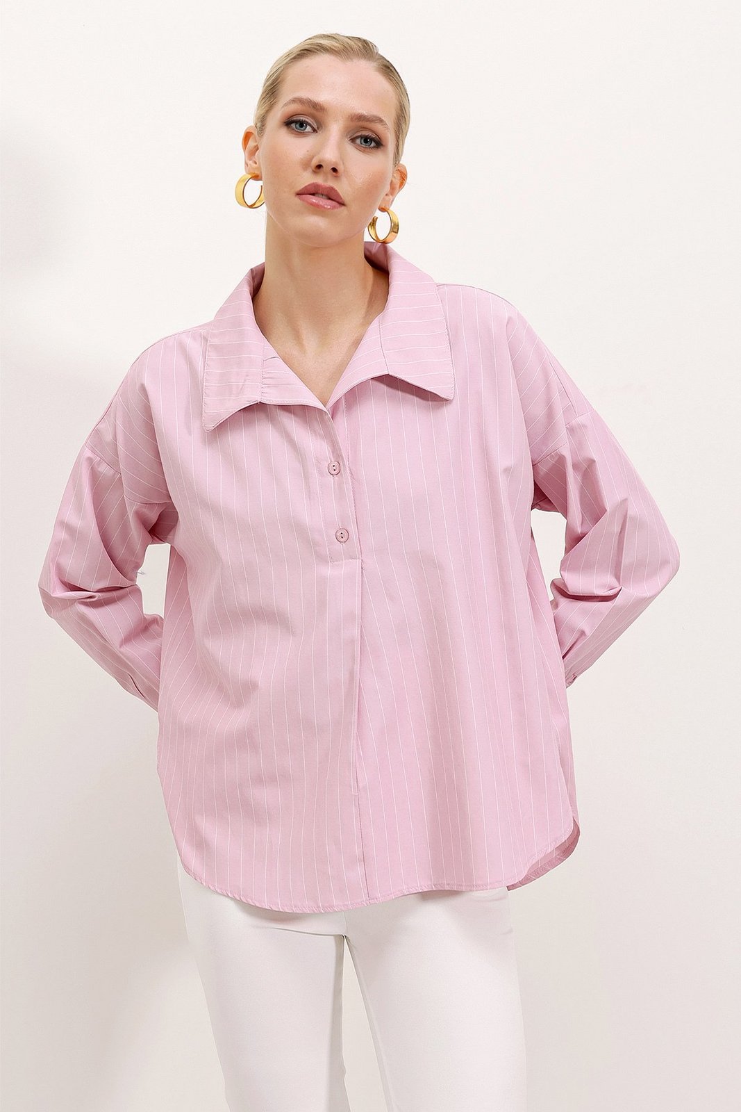 Bigdart 20215 Wide-Fit Striped Oversize Shirt - Pink