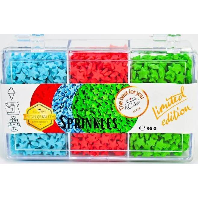 4Cake Cukrové hvězdičky červené, modré a zelené (90 g) - dortis