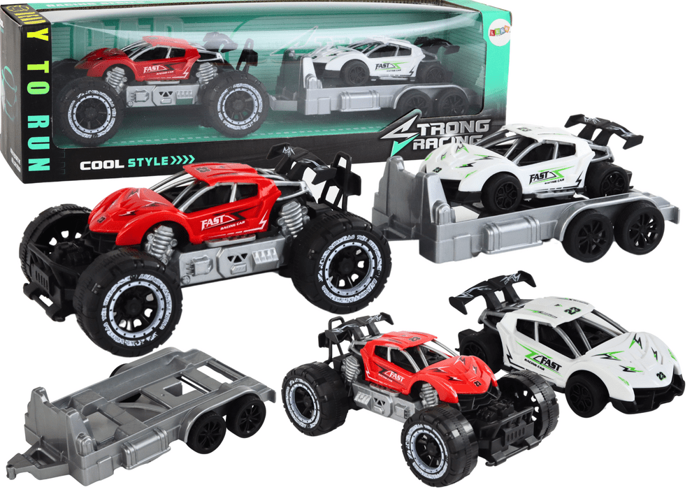 mamido Terénní auto s vlečným vozíkem a sportovním autíčkem červené