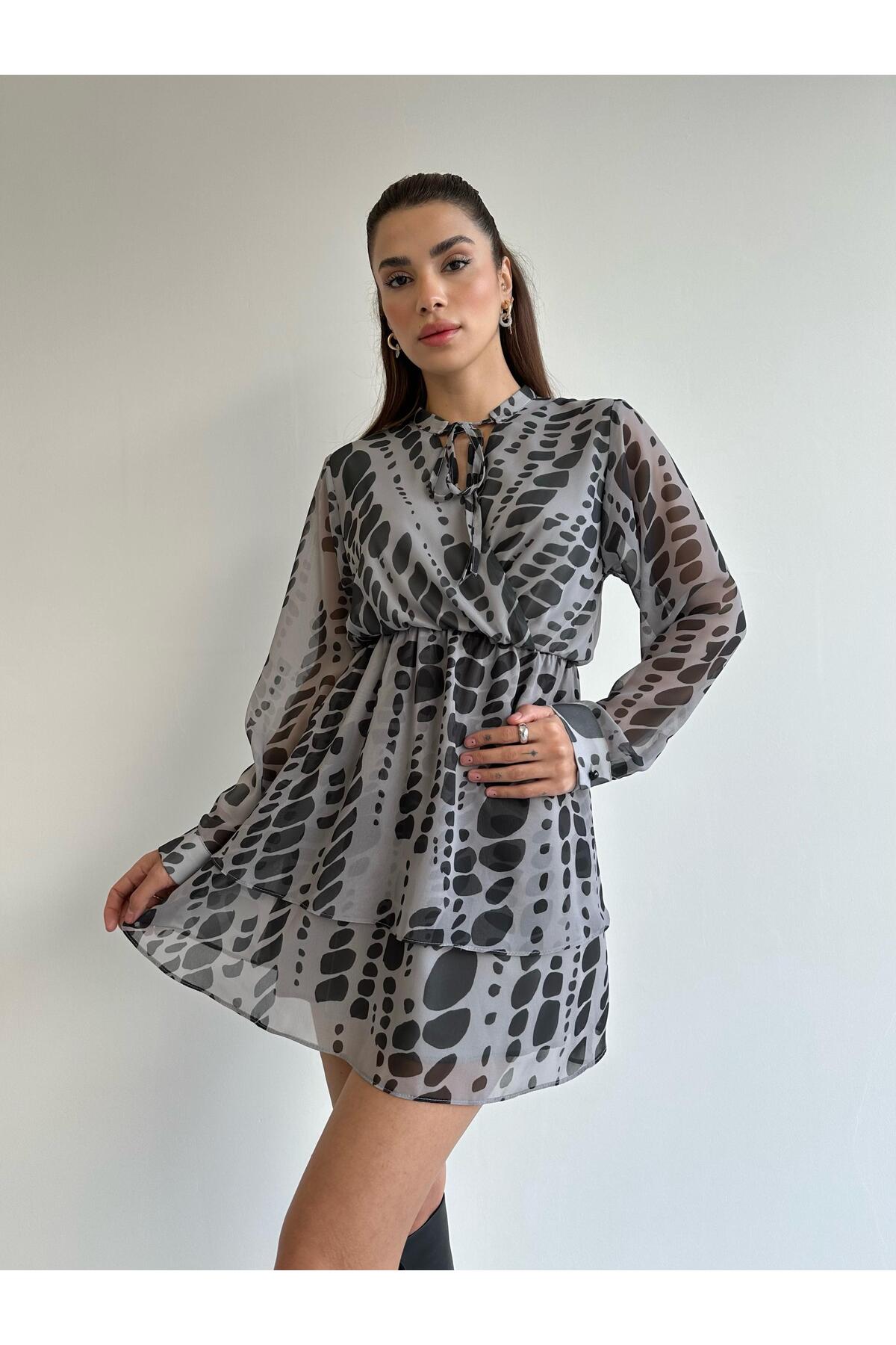 Laluvia Anthracite Collar Tied Patterned Chiffon Dress
