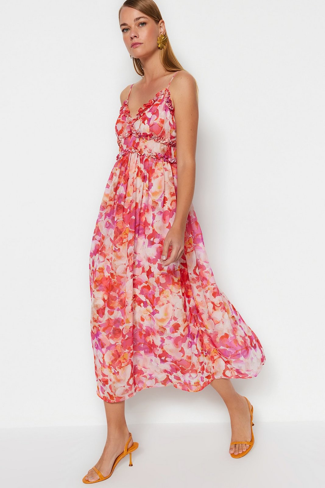 Trendyol Multicolored Ruffle Detailed A-line/Bell Form Maxi Lined Woven Dress