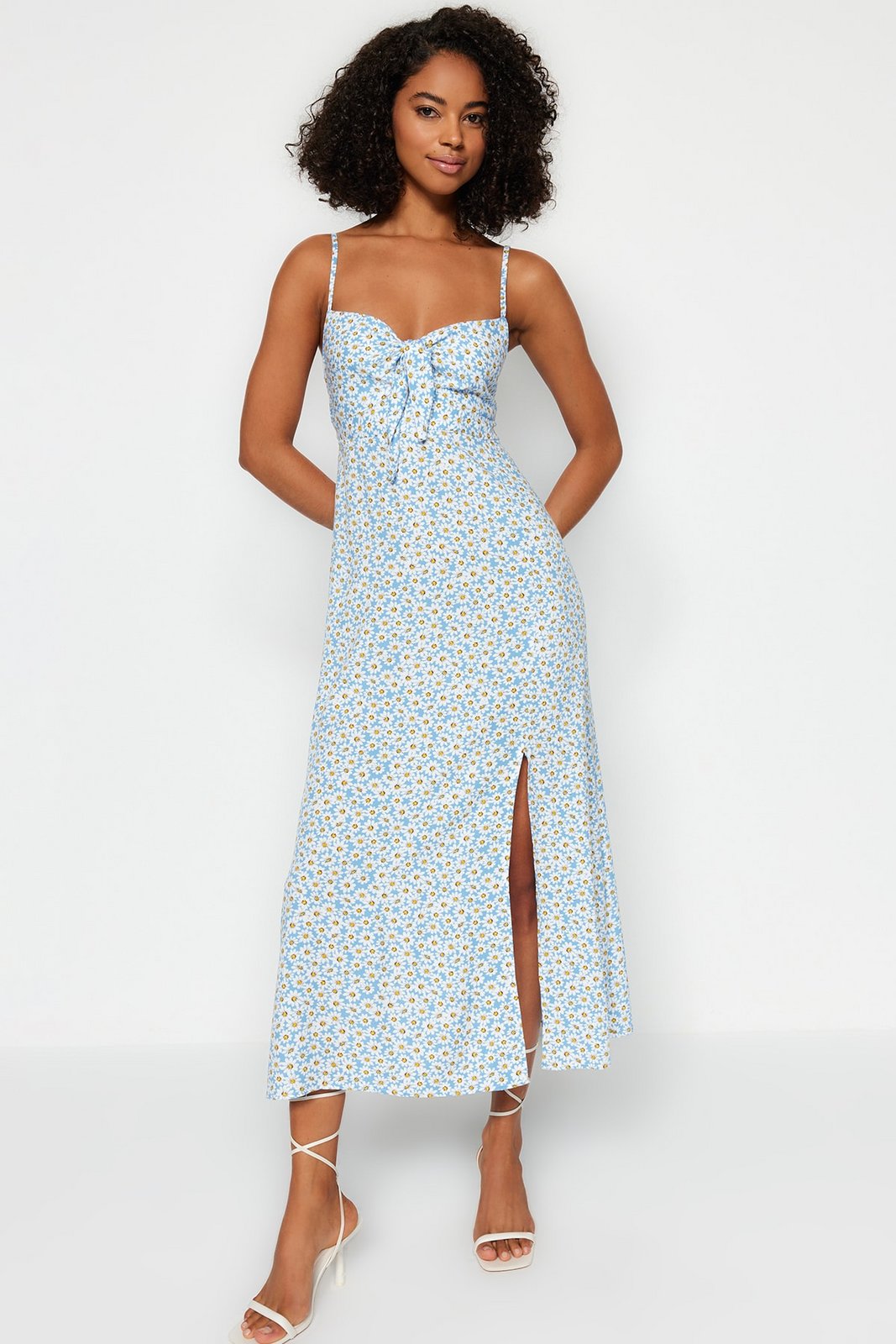 Trendyol Blue Patterned Tie Detailed Strappy Sweetheart Neck Slit Midi Woven Dress