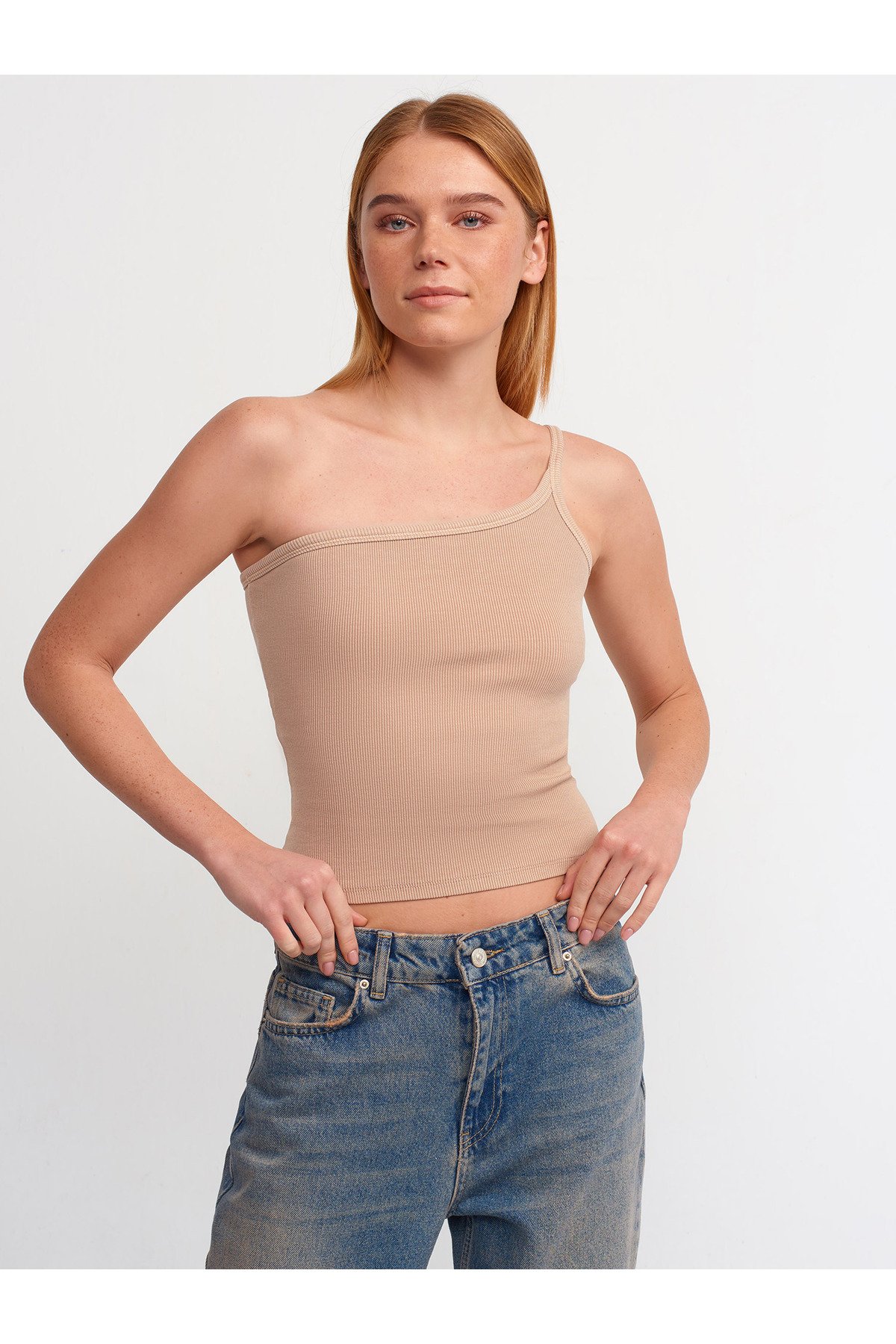 Dilvin 20673 Washed Asymmetric Top-Beige