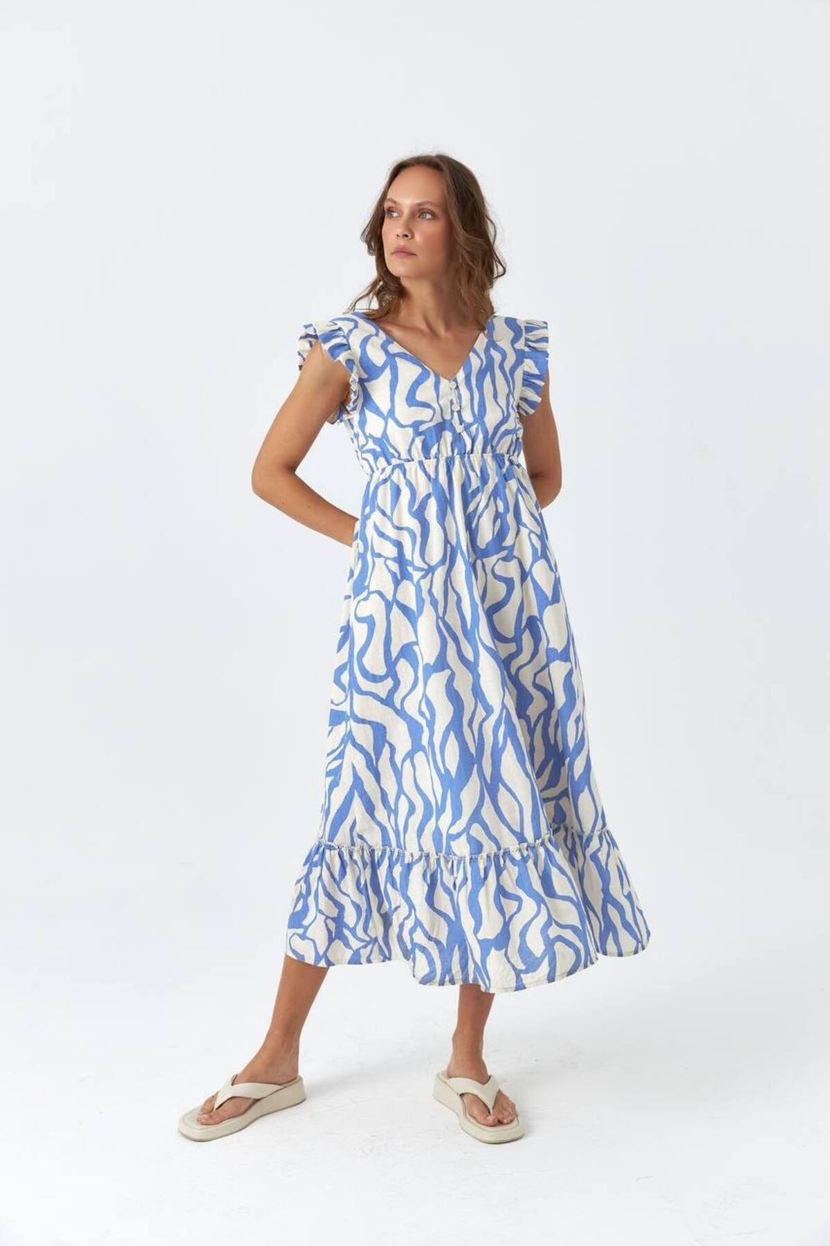 Laluvia Blue Patterned V-Neck Linen Dress with Shoulder Detail