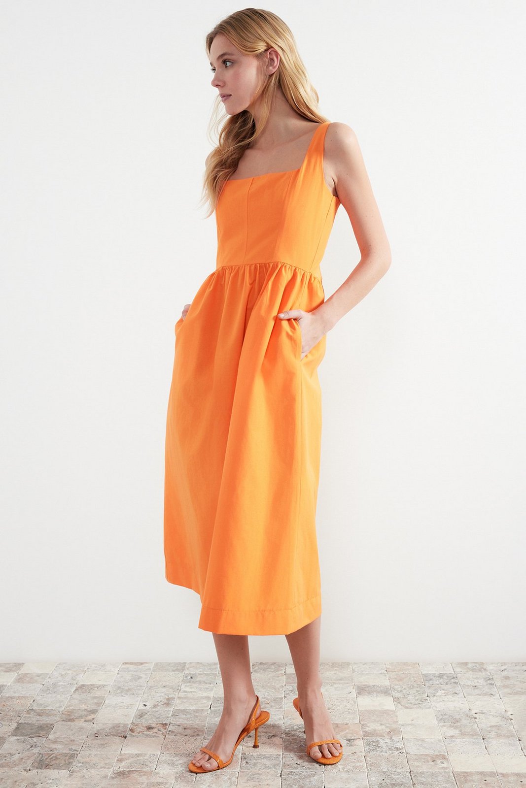 Trendyol Orange Waist Midi Corset Woven Dress with Sewing Detail