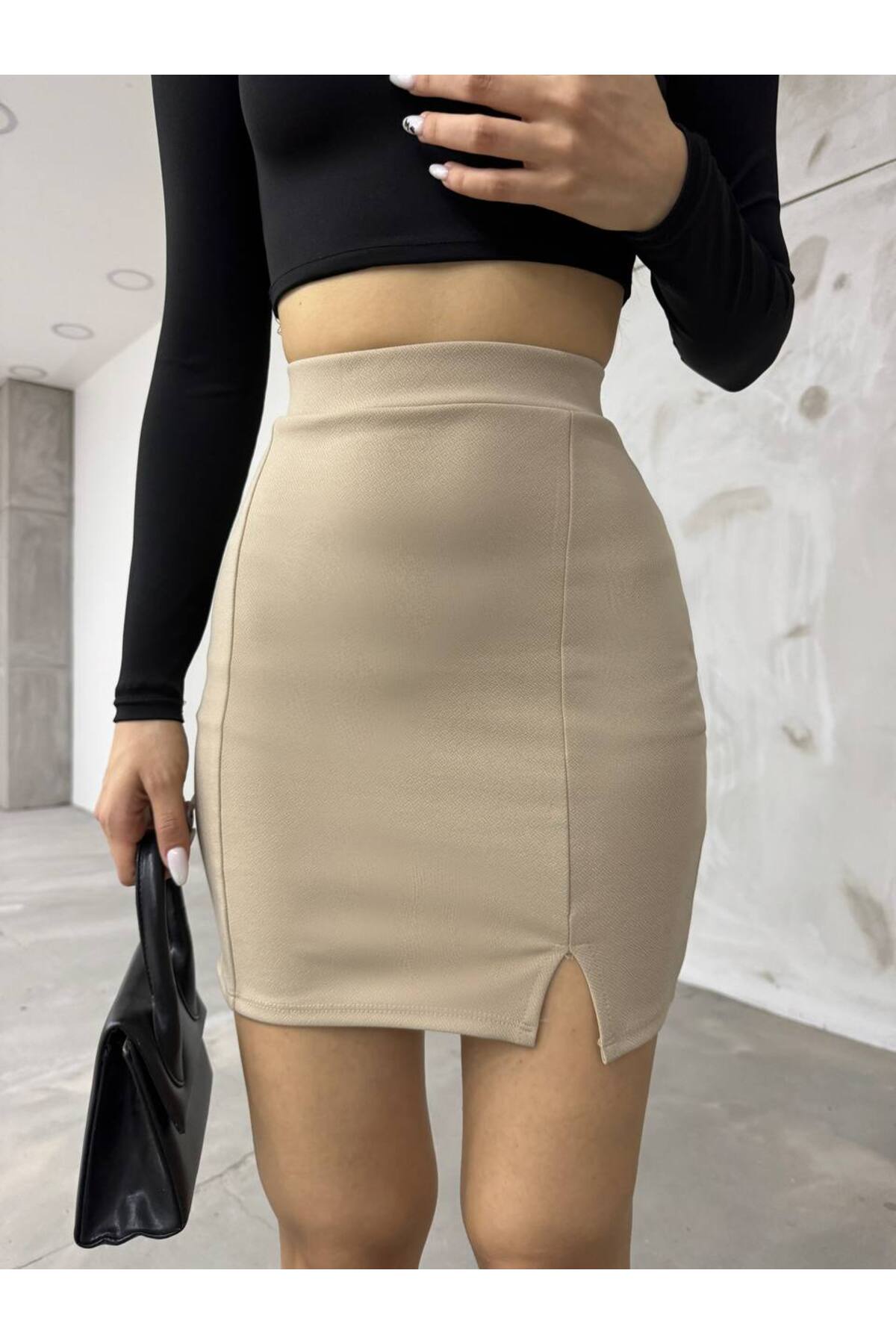BİKELİFE Women's Beige High Waist Slit Detail Mini Skirt