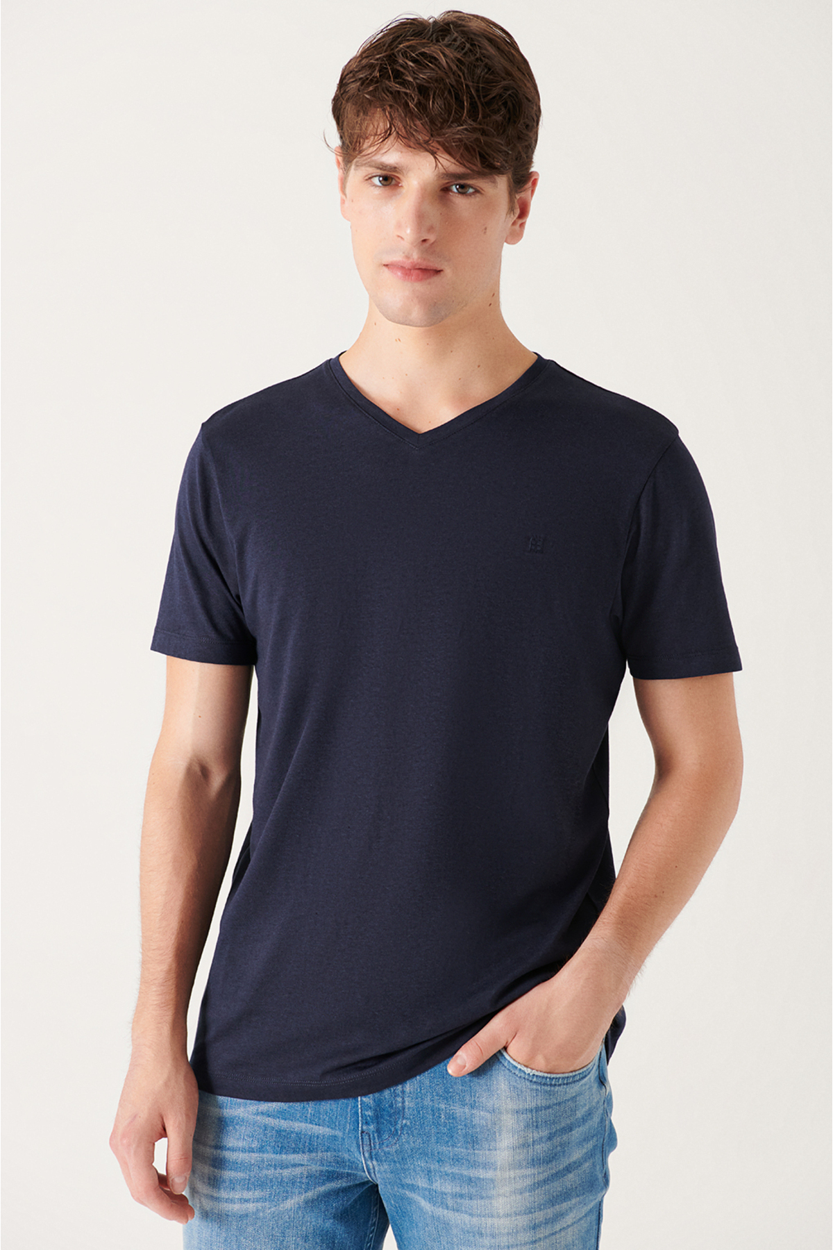 Avva Men's Navy Blue Ultrasoft V Neck Plain Standard Fit Normal Cut Modal T-shirt