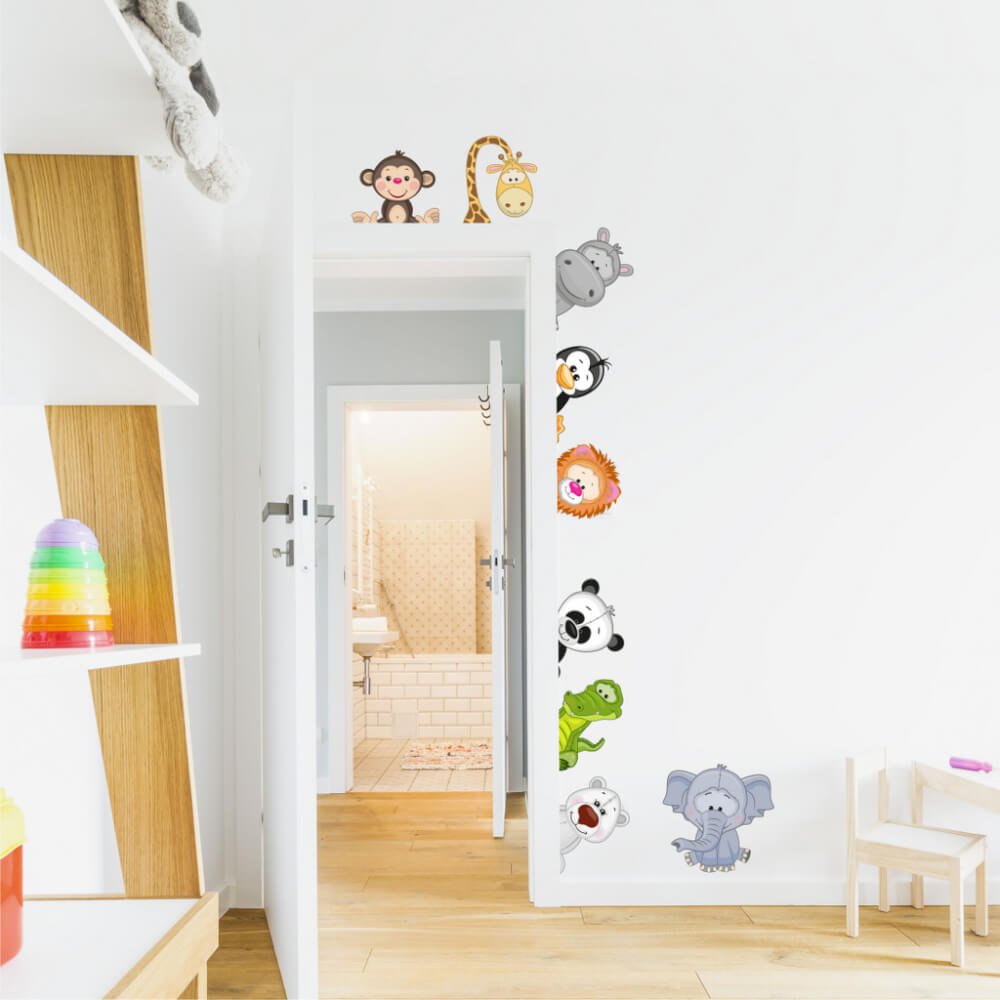INSPIO dětské samolepky na zeď - Zvířátka ze ZOO kolem dveří N.2 - 9 ks od 14 do 29 cm doleva