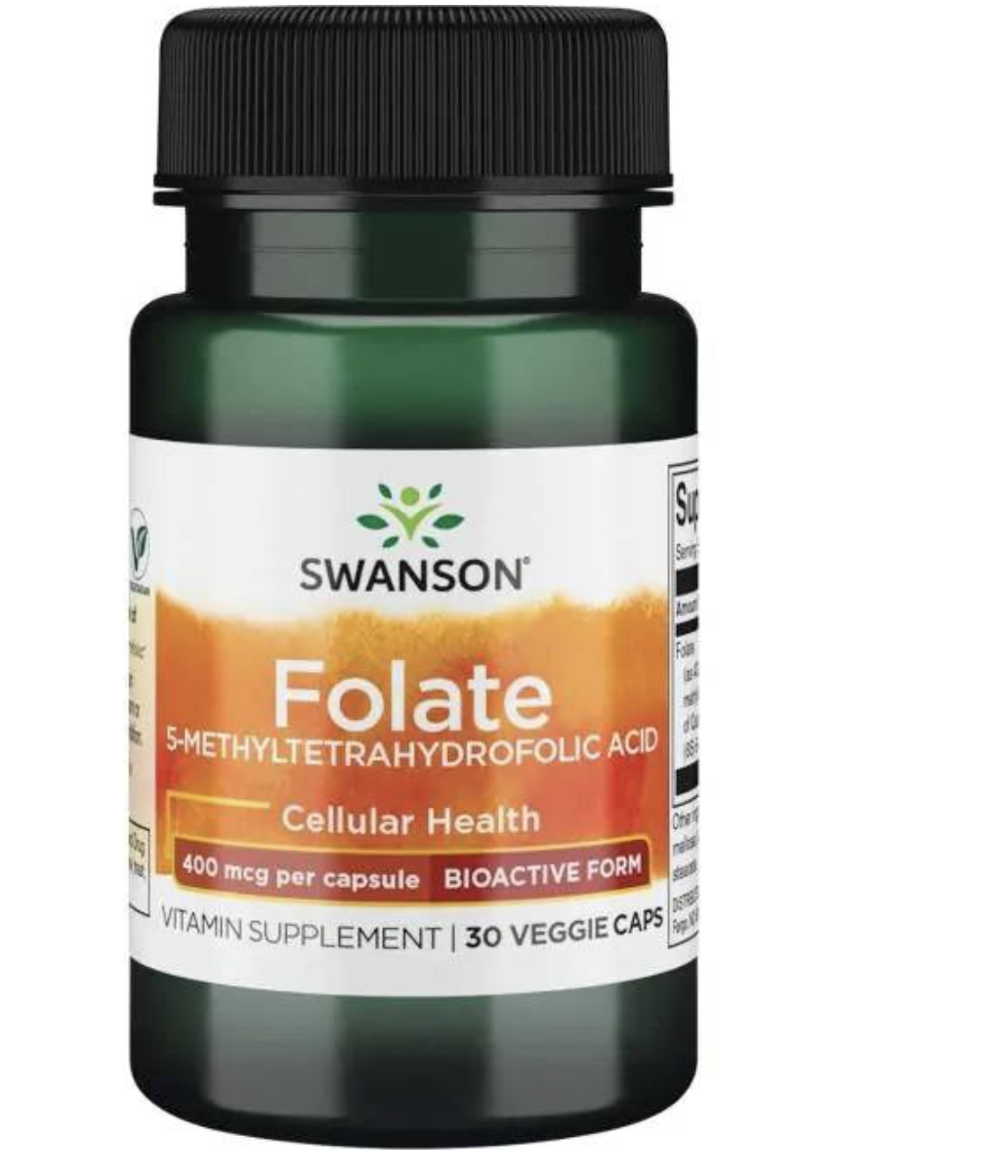 Swanson Folate (5-methyltetrahydrofolát), kyselina listová,  30 rostlinných kapslí