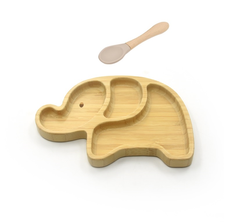 Martons Bambusový tanier s prísavkou a lyžičkou pre bábätká – Sloník, 22×17 cm, béžová