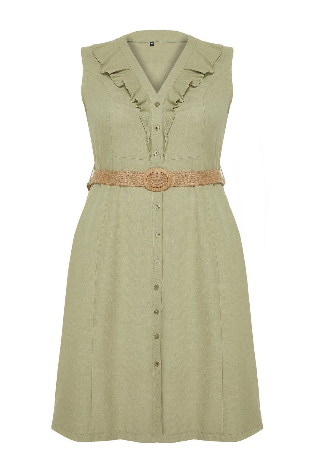 Trendyol Curve Green Straw Belt Woven Dress