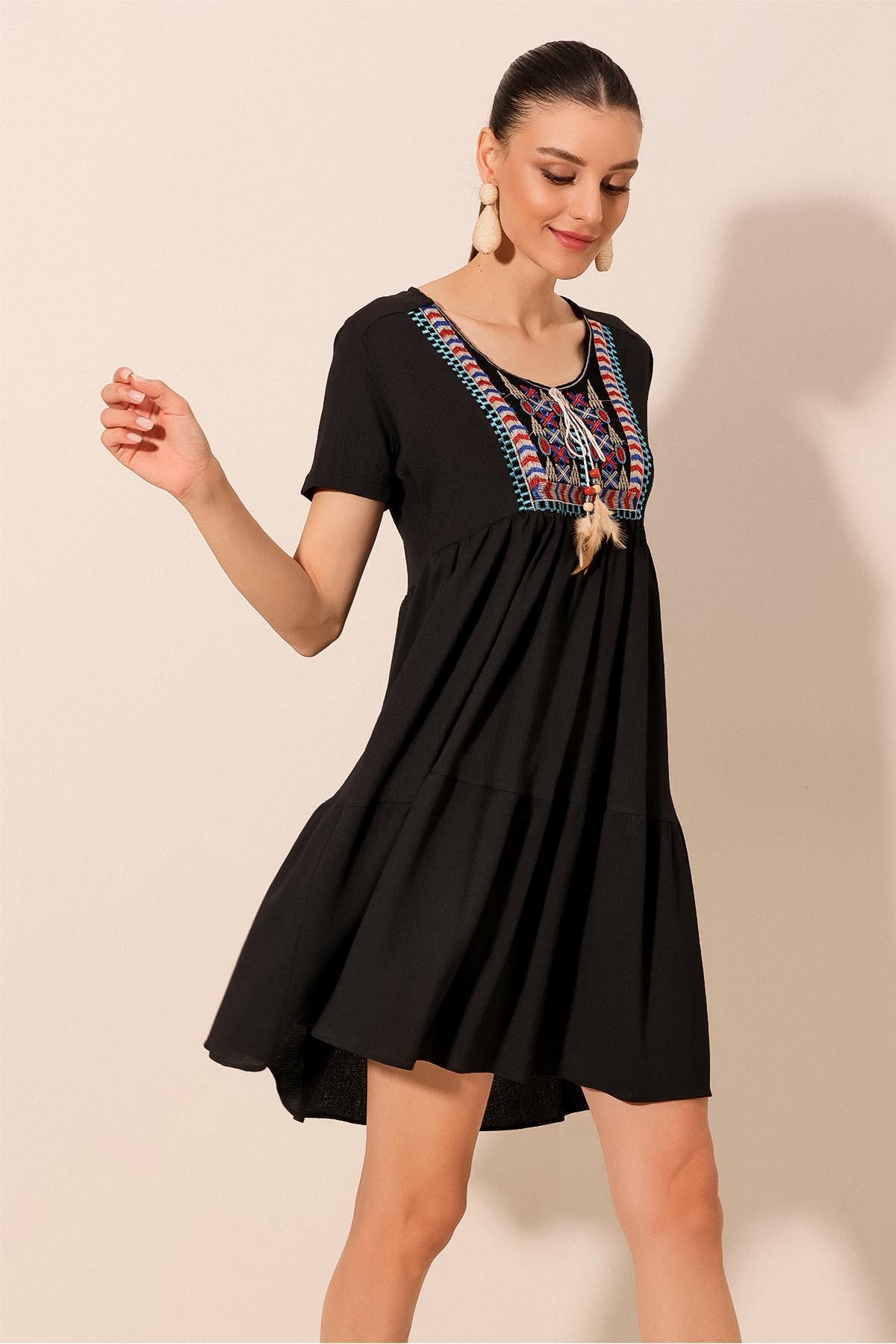 Bigdart 2429 Embroidered Knitted Dress - Black