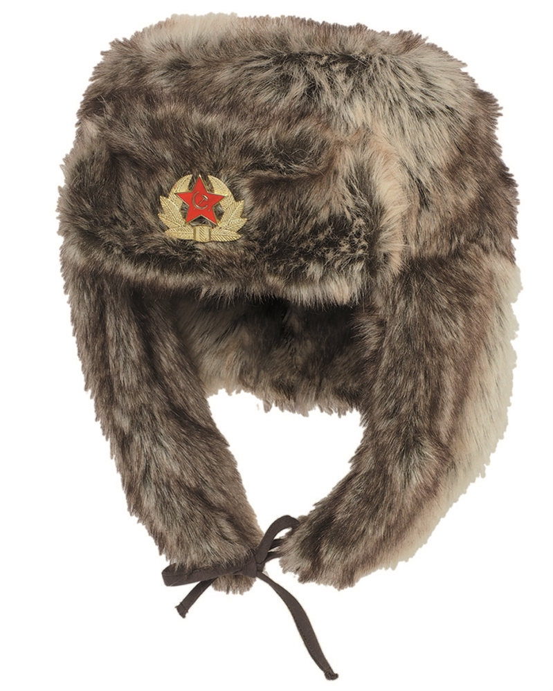 Beranice zimní ruská čepice ušanka SHAPKA s odznakem imitace kožešiny Mil-Tec® hnědá Vyberte velikost: L(59-60cm)