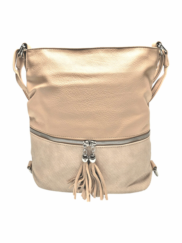 Střední světle hnědý kabelko-batoh 2v1 s třásněmi