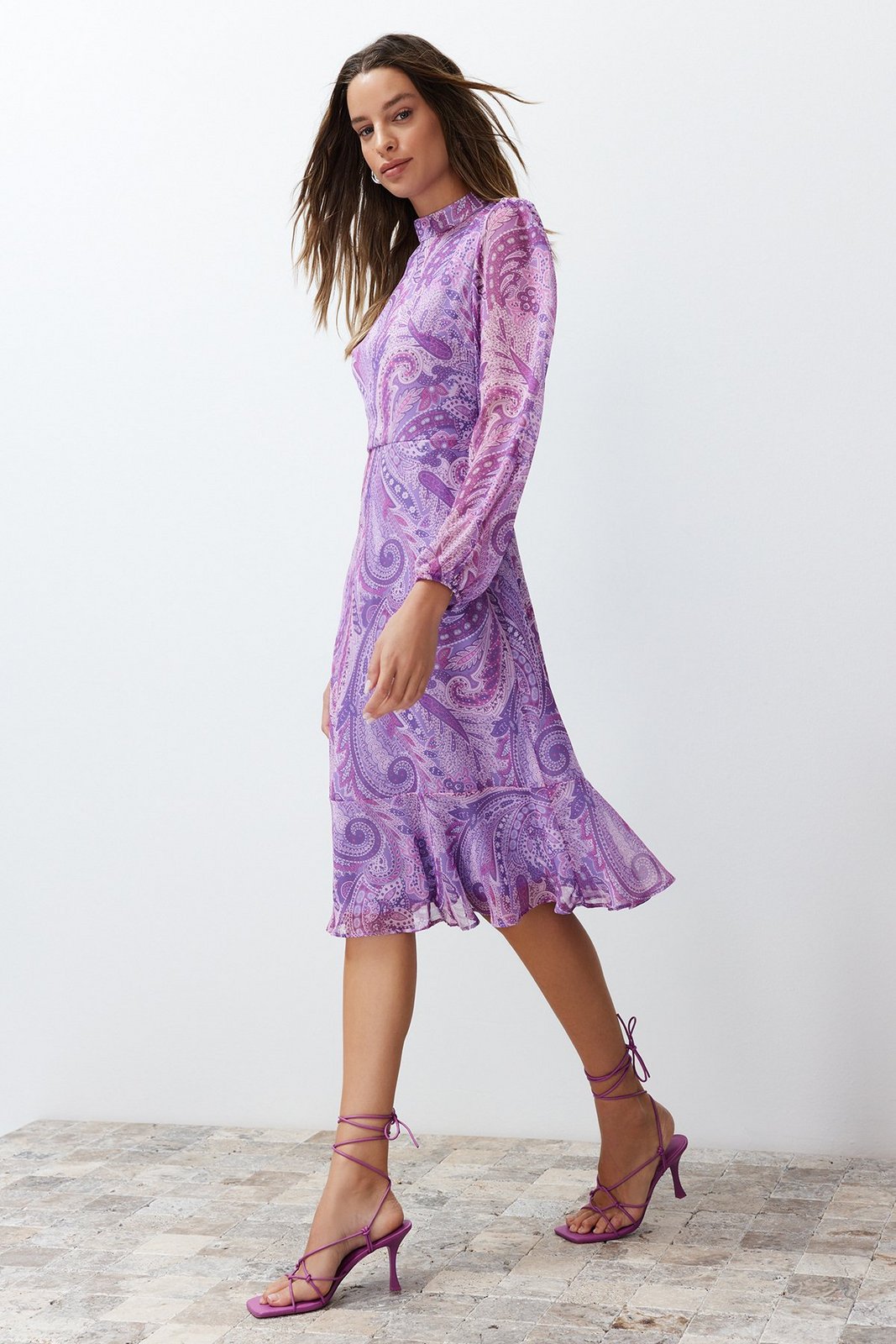 Trendyol Lilac Shawl Patterned Chiffon Lined Flounce Midi Woven Dress