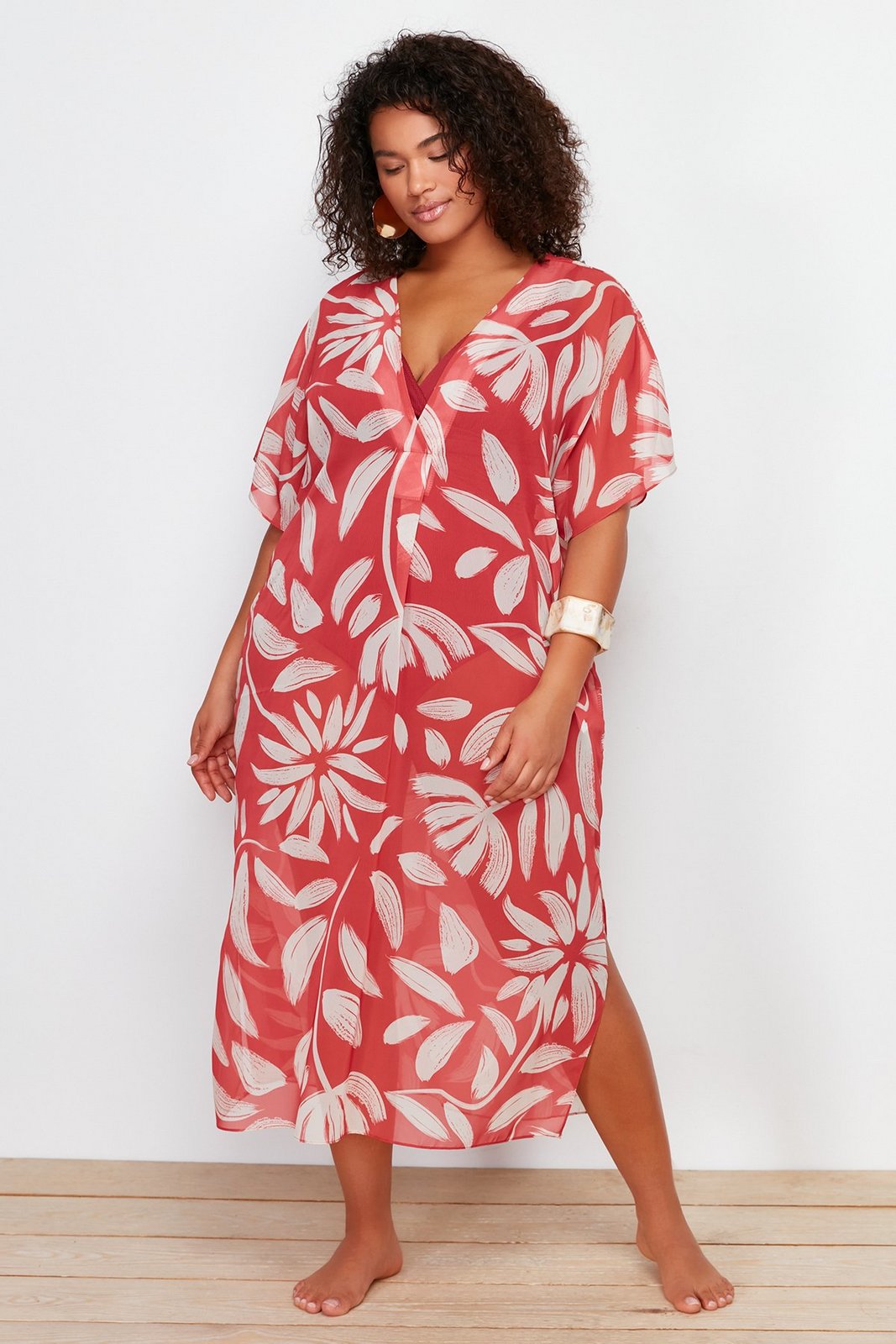 Trendyol Curve Multi Color Tropical Patterned Midi Woven Dress