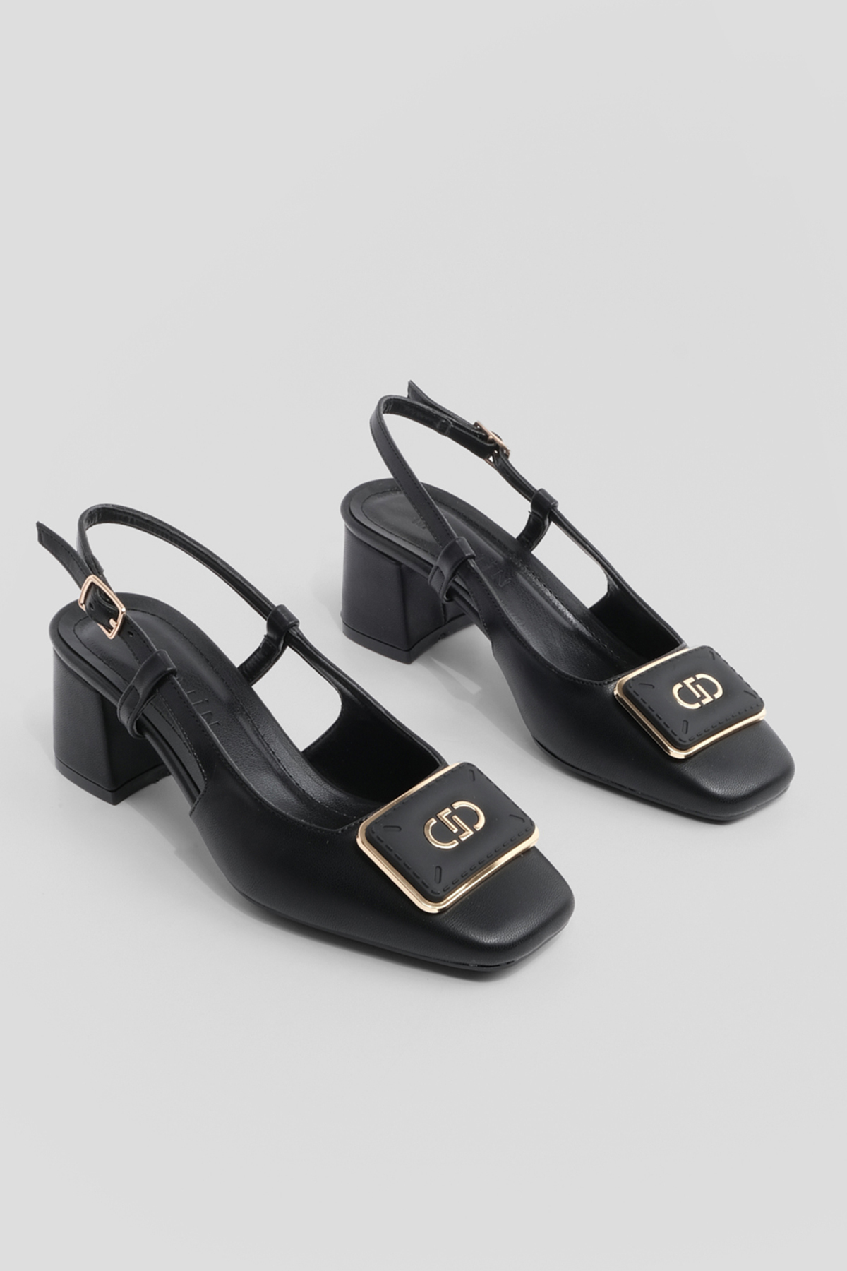 Marjin Women's Buckled Open Back Scarf Flat Toe Classic Heeled Shoes Black