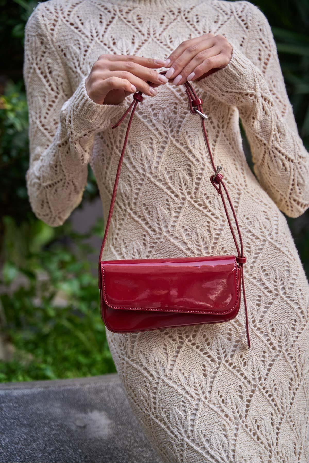 Madamra Claret Red Patent Leather Women's Asymmetrical Cut Shoulder Bag