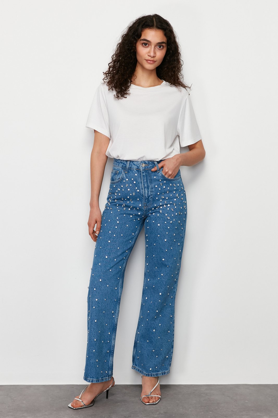 Trendyol Blue Stone Detailed High Waist Wide Leg Jeans