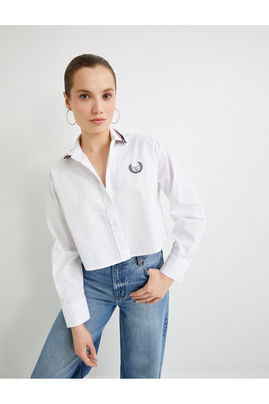 Koton Crop Oversize Poplin Shirt Embroidery Detailed Buttoned Cotton Striped Collar