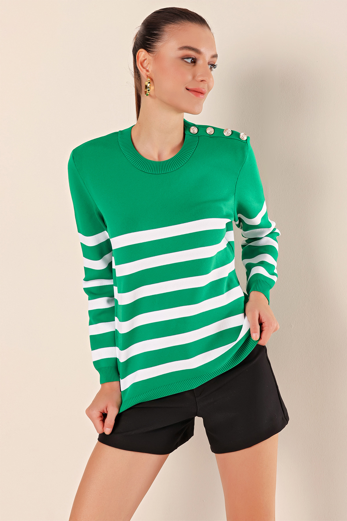 Bigdart 15820 Button Detail Striped Sweater - Green
