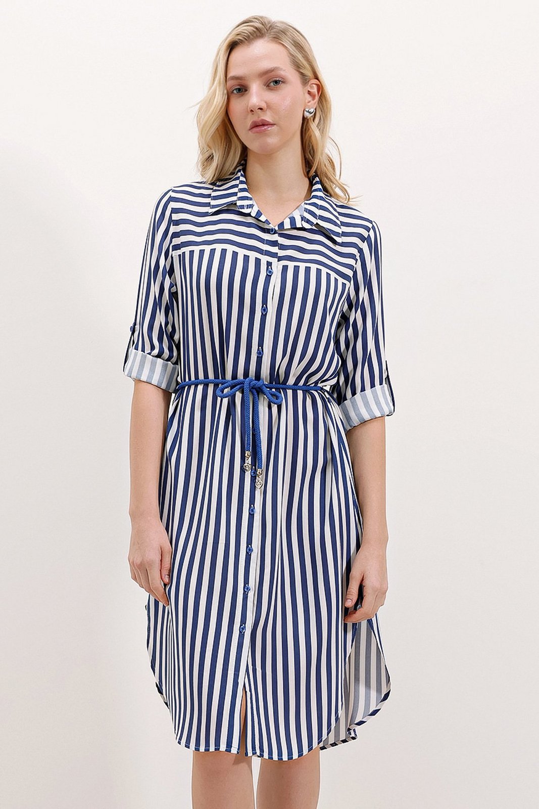 Bigdart 5629 Striped Belted Dress - Blue