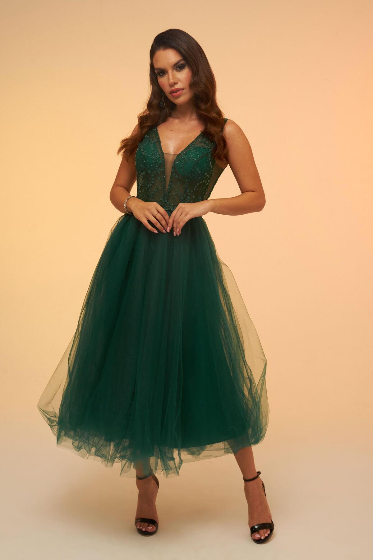 Carmen Emerald Tulle Low-Rise Midi Dress