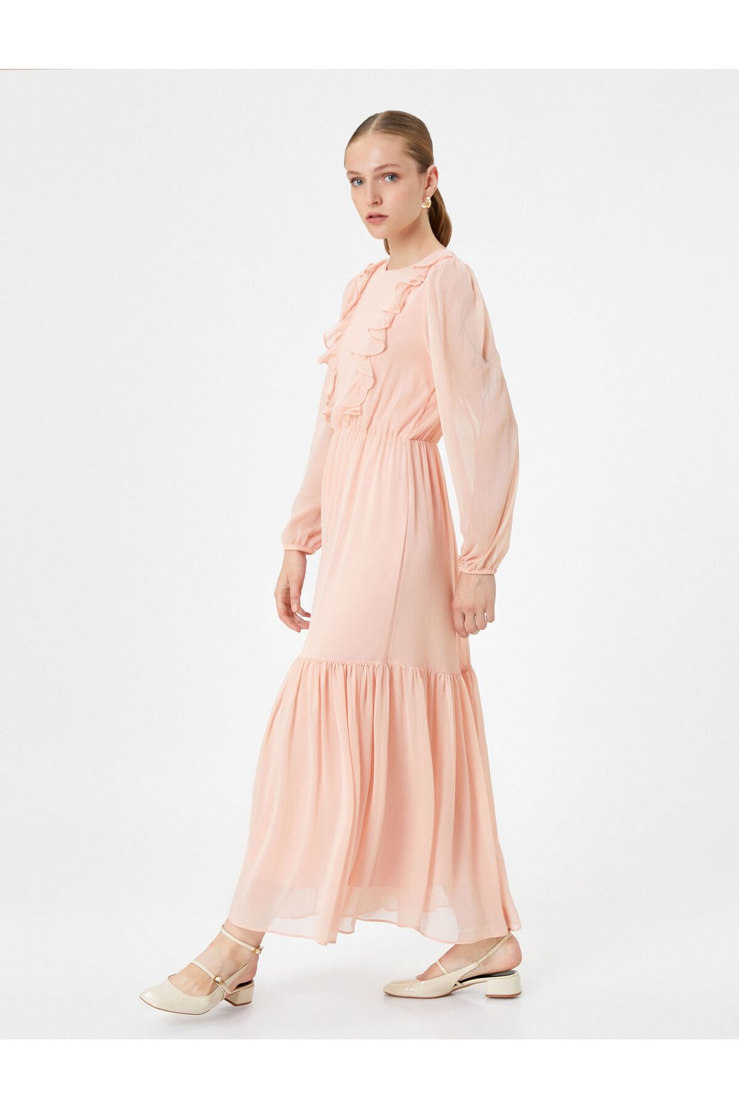 Koton Chiffon Long Dress Balloon Sleeve Ruffle Crew Neck