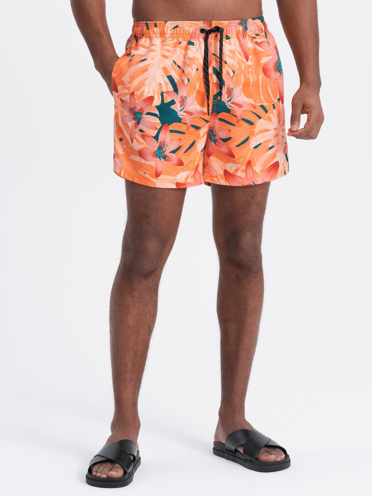 Ombre Men's swim shorts in floral motif - orange