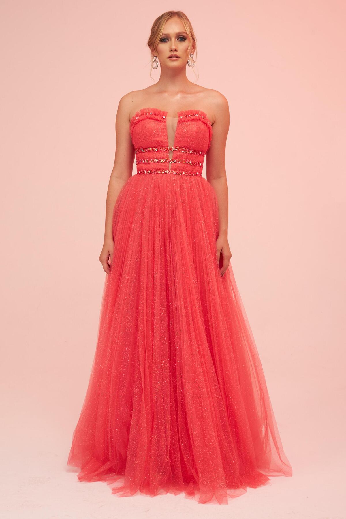 Carmen Coral Strapless Backless Tulle Engagement Dress