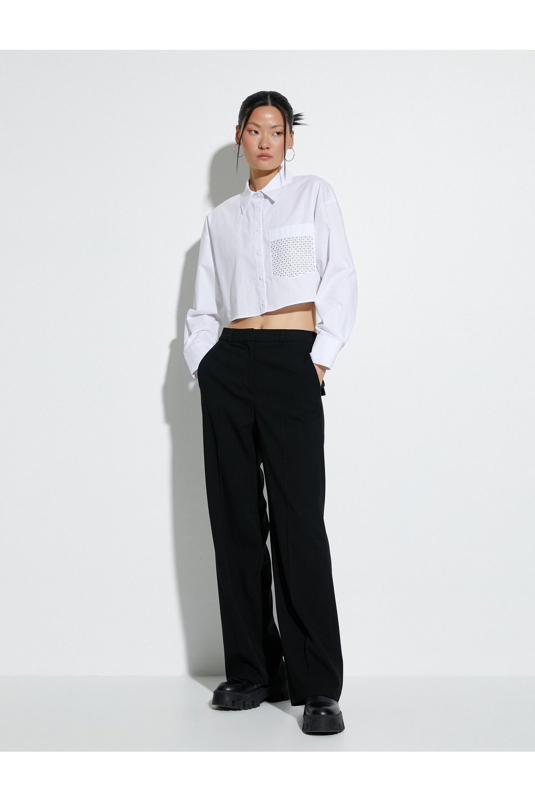 Koton Crop Long Sleeve Poplin Shirt Pocket Detailed Buttoned Cotton