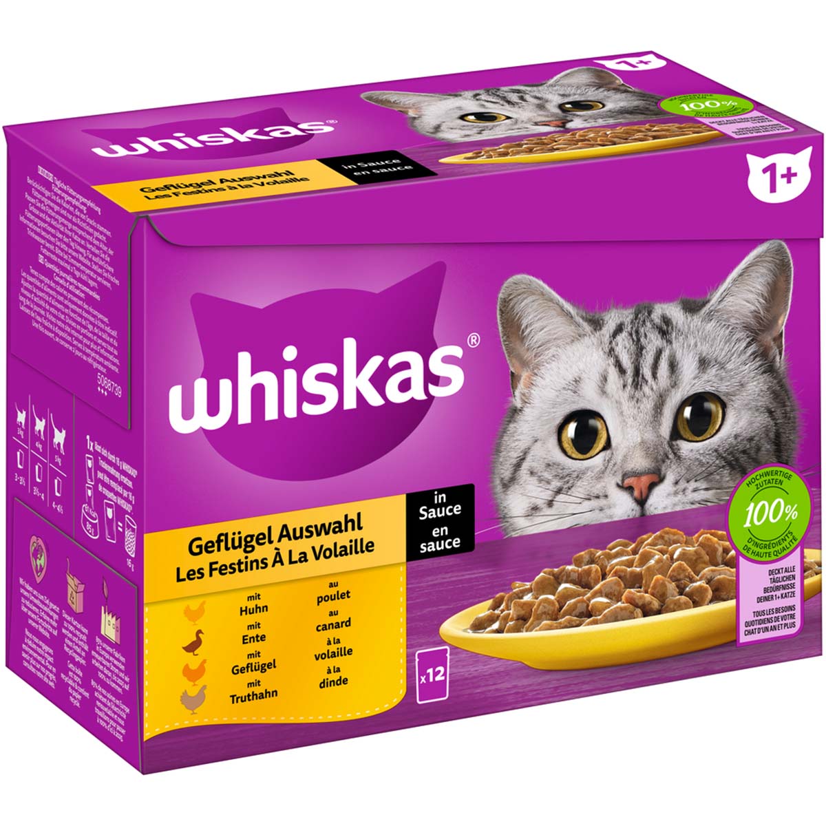 Whiskas multipack 1+ výběr drůbežího masa v omáčce, 12 × 85 g