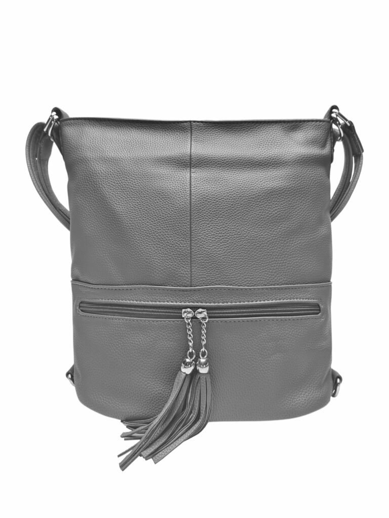 Stylový středně šedý kabelko-batoh 2v1 s třásněmi