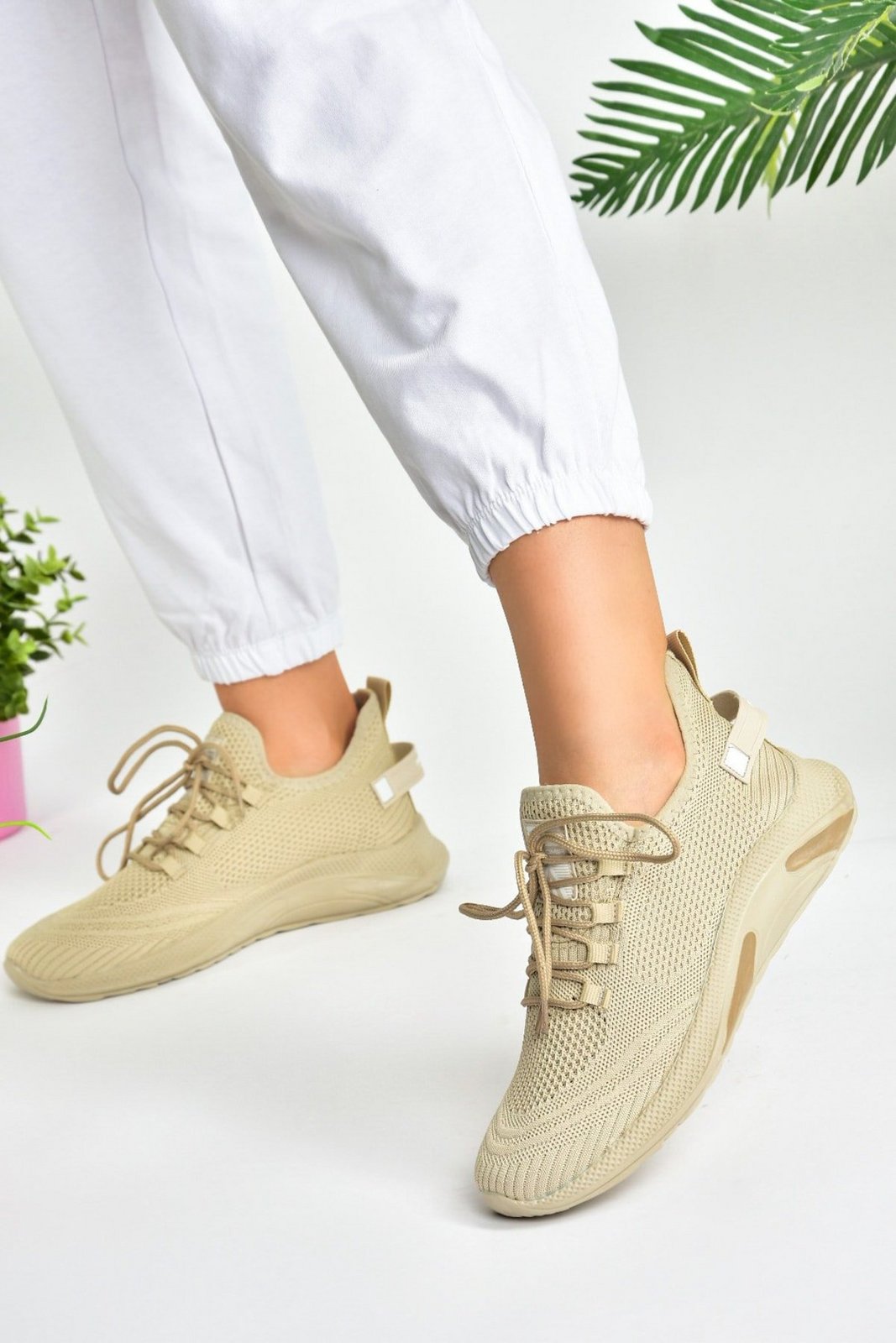 Fox Shoes Beige Knitwear Fabric Women's Sports Shoes