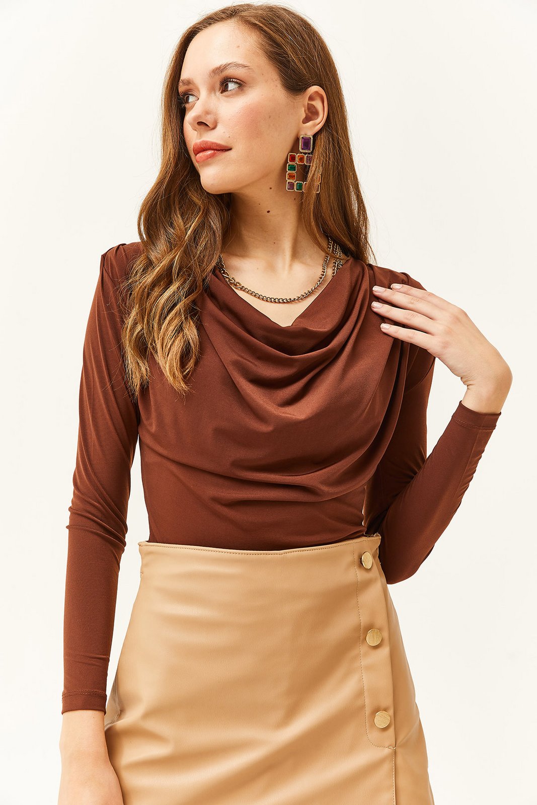 Olalook Women's Bitter Brown Padded Pleated Collar Blouse