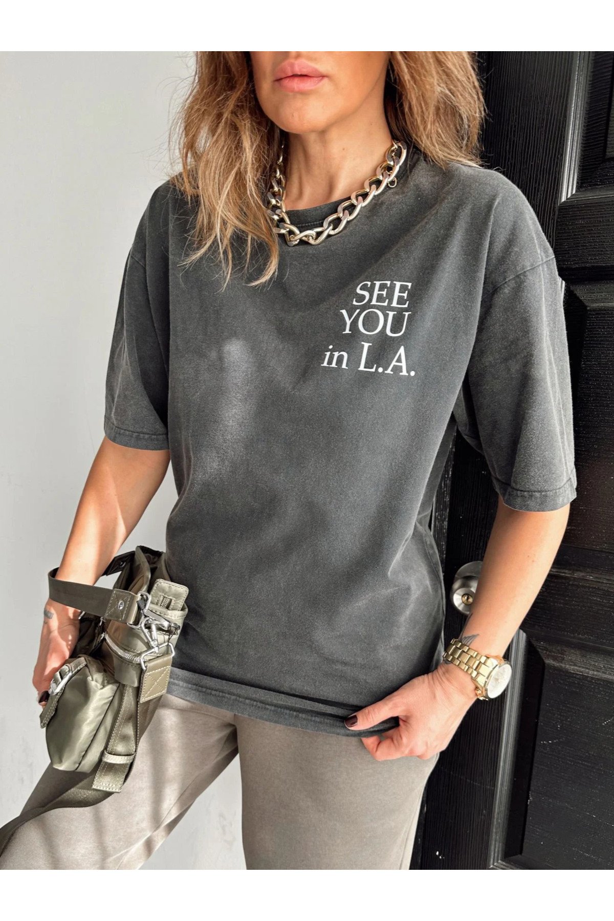Laluvia Anthracite See You Letter Washed T-shirt