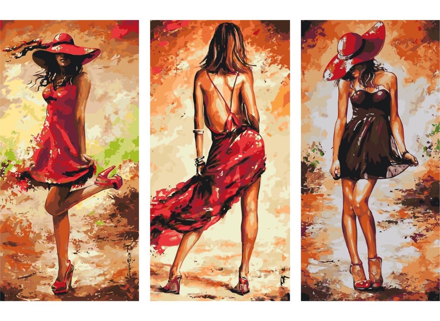 MALUJEŠ Malování podle čísel - SET KRÁSNÁ ŽENA V ČERVENÝCH ŠATECH - 3x 40x80 cm Rozměr: 40x80 cm, Rámování: vypnuté plátno na rám