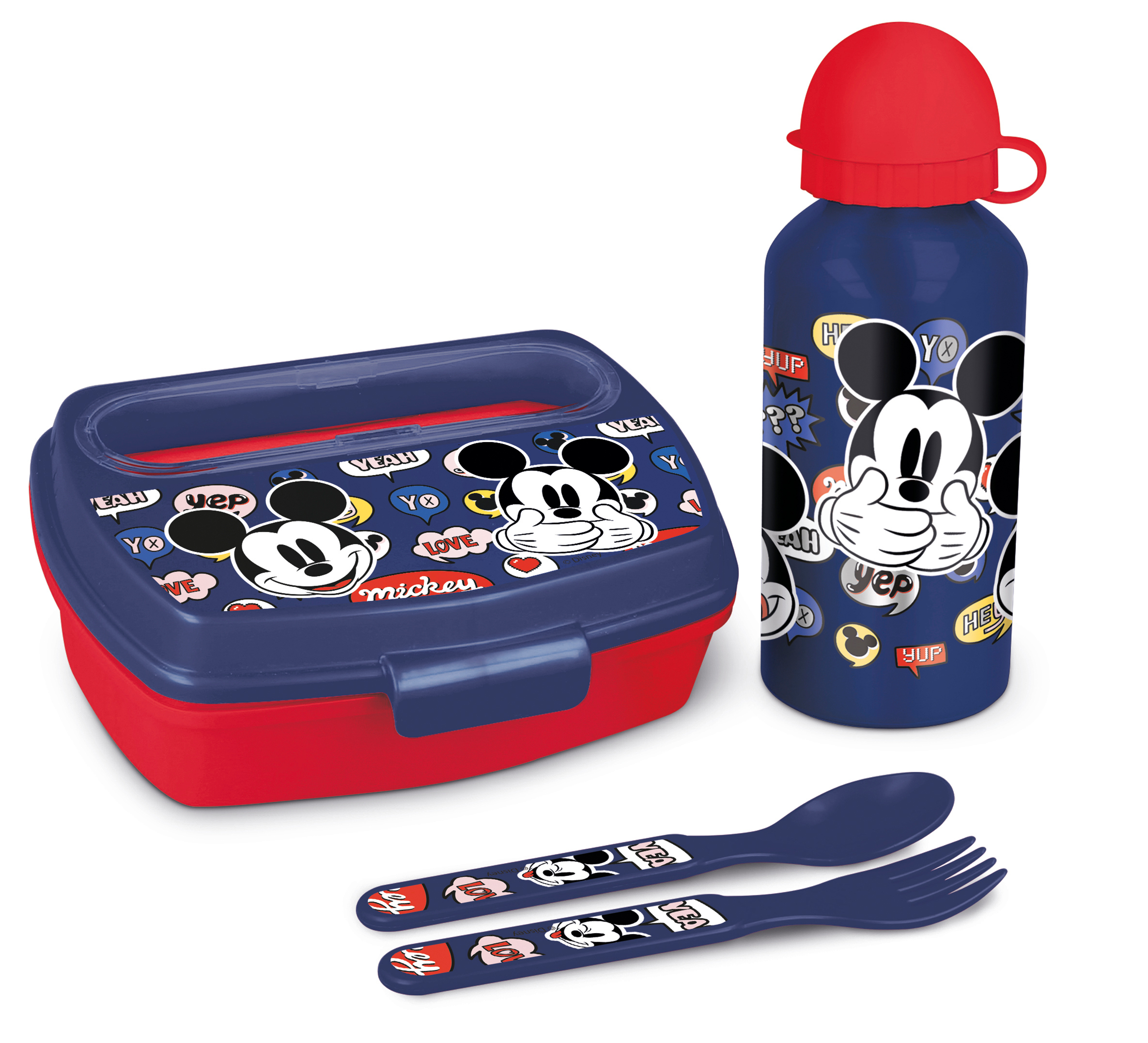 Disney Dárkový set Mickey Mouse svačinový box s příborem a láhev 400 ml